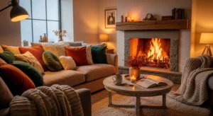 Soft textiles adding warmth to fireplace area