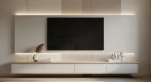 Neutral backdrop blending TV into wall