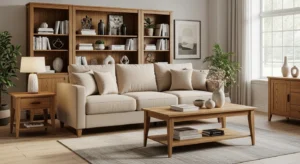 Wood accents complementing beige sofa