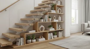 Under stairs shelving displaying decor and plants in living room