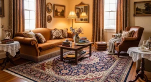 Persian rug in vintage living room adding pattern and warmth