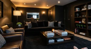 Layered textures in black living room creating depth and richness
