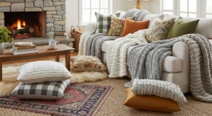Layered textiles creating warmth in farmhouse living room