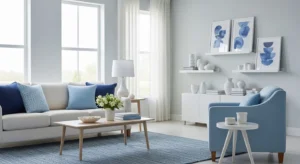 Blue and white living room creating a fresh and bright look