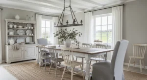 Neutral tones creating cozy farmhouse dining room atmosphere