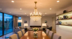 Statement lighting defining living and dining areas
