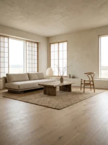Decluttered Japandi living room with open minimalist layout