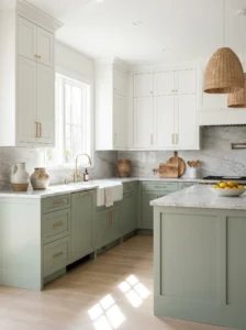 Two-tone kitchen cabinets with white uppers and green lower cabinets