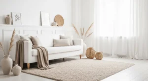 White living room with beige accents and layered textures for warmth.