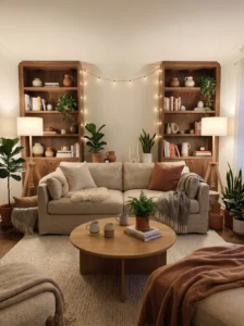 Warm wood living room with oak and walnut accents creating a natural cozy interior