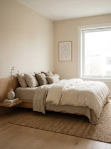 Minimalist neutral bedroom with cozy linen bedding and relaxed styling