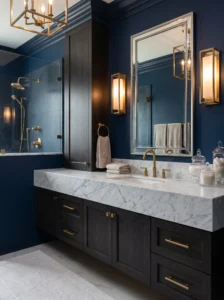 Elegant navy blue bathroom with gold accents and marble details