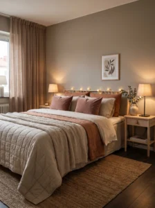 Soft taupe and dusty rose bedroom with cozy feminine neutral tones