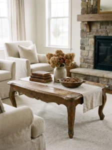 antique style coffee table in cozy French country living room