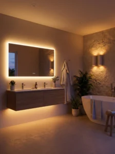 Bathroom with layered lighting LED mirror and warm ambient glow