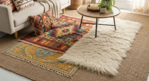Layered colorful rugs adding texture and depth to a living room