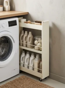 Slim rolling cart between appliances for small laundry room storage