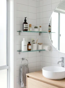 Glass shelves in bathroom creating a clean and minimal look