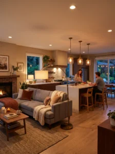 Layered lighting in open kitchen and living room