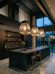 Oversized pendant lights creating bold statement over modern kitchen island