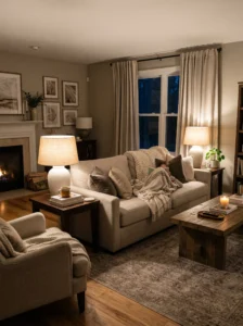 Table lamps on side tables adding warm ambient lighting to living room