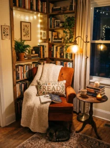 Cozy teen bedroom reading corner with chair, blanket, and warm lighting