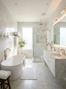 White marble bathroom with elegant veining and a luxurious clean aesthetic
