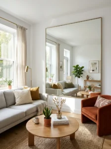 Mirror placement in a small living room to reflect light and create a bigger space illusion