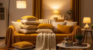Yellow couch styled with layered textiles for a cozy and inviting feel