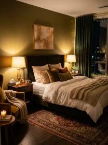 Soft ambient lighting in a luxury bedroom creating a warm and relaxing atmosphere