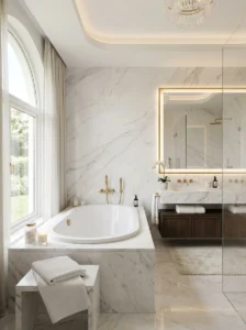 White marble bathroom with bathtub creating a clean and luxurious look