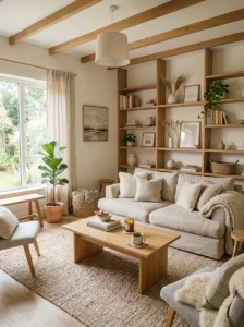 Wood accents in Scandinavian living room warm minimal design