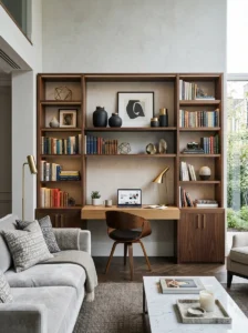 Built-in shelving with desk in living room office combo