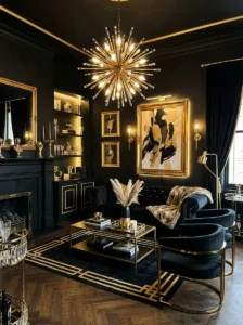 Black and gold living room with luxury decor and dramatic lighting accents