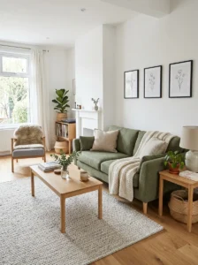 Green couch with light wood Scandinavian living room