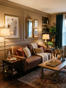 Brown couch living room with gold and brass accents for a warm elegant look