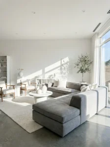 Grey couch in bright white living room with clean modern aesthetic