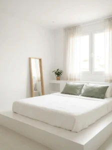 green and white minimalist bedroom with clean and fresh design
