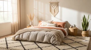 Low bed setup creating a relaxed boho bedroom vibe