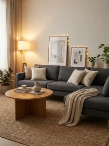 Grey sofa with warm wood furniture creating a cozy modern living room