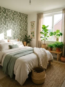 botanical wallpaper bedroom with green leaf patterns and natural decor