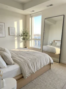 Mirror in small bedroom creating depth and making space look larger