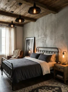 Modern men’s bedroom with industrial lighting fixtures and warm ambient light