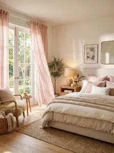 Soft pink curtains in bedroom with natural light and cozy decor