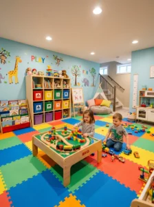 “Basement kids playroom with colorful toys and soft flooring”