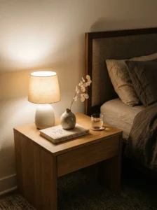 Decluttered Japandi nightstand with simple decor and neutral tones