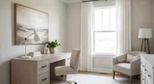 Neutral color palette making a guest room office feel open and cohesive