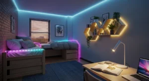 LED lights adding a modern and cozy glow to a dorm room