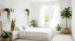 White bedroom with greenery adding freshness and life