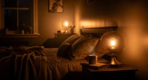 Warm lighting softening dark bedroom walls for a cozy look